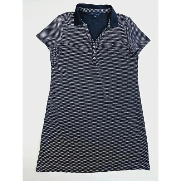 Tommy Hilfiger Size Large Women's Black White Polka Dot V Neck S/S Shirt Dress - Picture 1 of 12